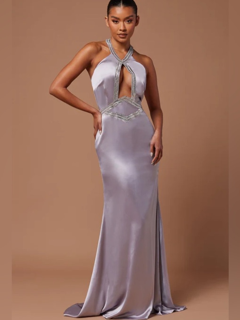 Nova Luxe Grey Satin Halter Evening Gown NEW 🏷️